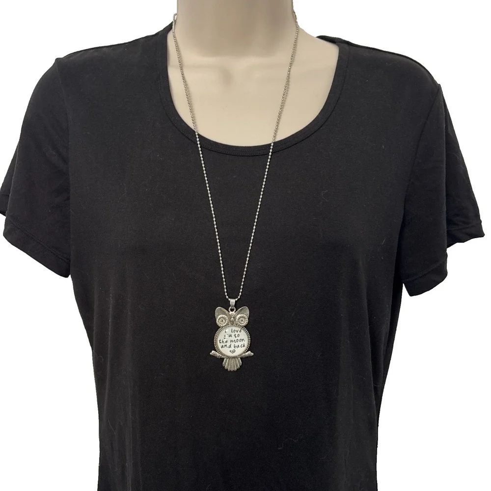 Vintage Whimsigoth Silver Owl Moon Pendant Necklace Long Ball Chain Boho Grunge